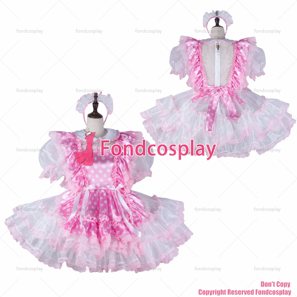 

fondcosplay adult sexy cross dressing sissy maid short baby pink satin organza dress lockable Uniform apron CD/TV[G2270]