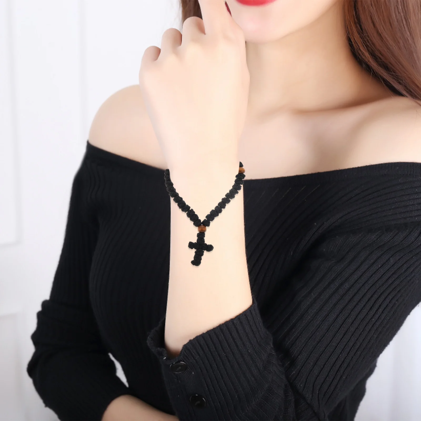 

Side Clasp Cross Bracelet Wooden Prayer Beads Christian Bracelet Catholic Prayer Rope Communion Baptism Party Favor Jewelry