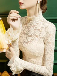 High Collar Lace Shirt, Thickened Warm T-shirt, French Bubble Sleeve Stand Up Collar, Fashionable Long Sleeved Top