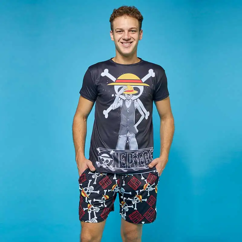 

2026 Men's One Piece Luffy Skull Print 2PCS Set Black T-Shirt & All-Over Print Shorts Summer Soft Breathable Casual Loungewear