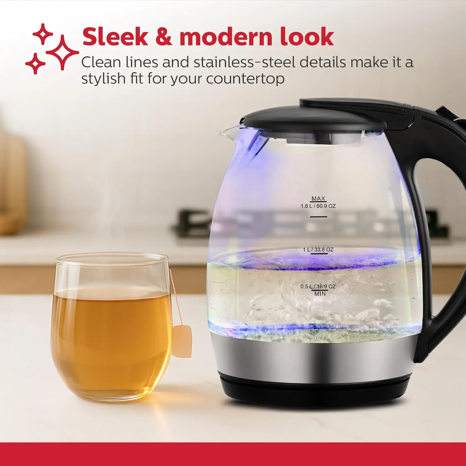 

Electric Kettle 1.8L, Black, Boil-Dry Protection, Auto Shut-Off for Tea Coffee Soup
