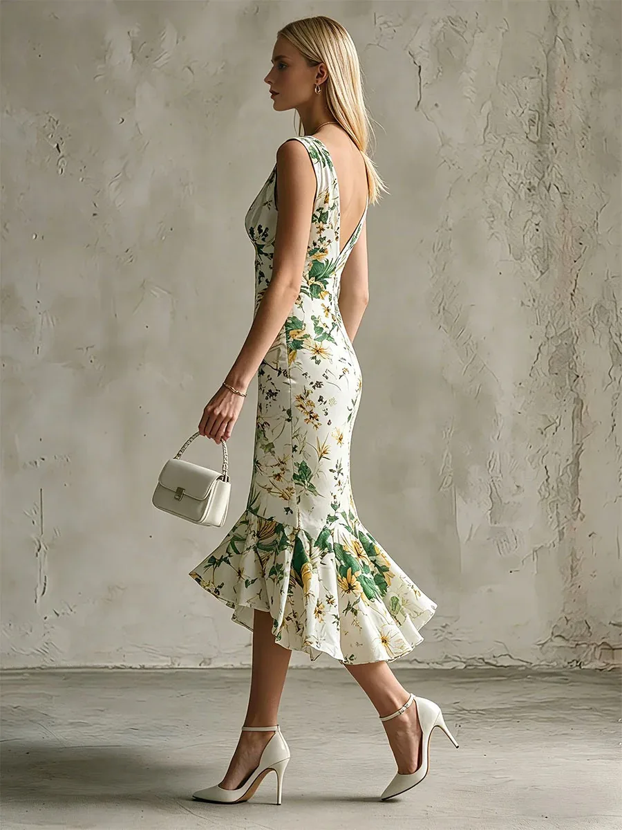 Damen Tiefer V-Ausschnitt Ärmelloses Blumen-Midikleid Bodycon Unregelmäßiger Rüschen-Meerjungfrauen-Saum Sommer-Partykleid – Detail 3