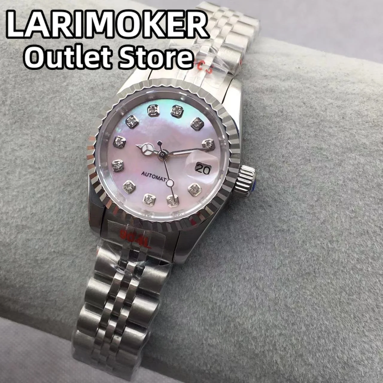 LARIMOKER Silver 26mm Mechanical Women\'s Watch White Pink Shell Dial Silver Gold RoseGold Index Sapphire Glass fit NH05 Movement