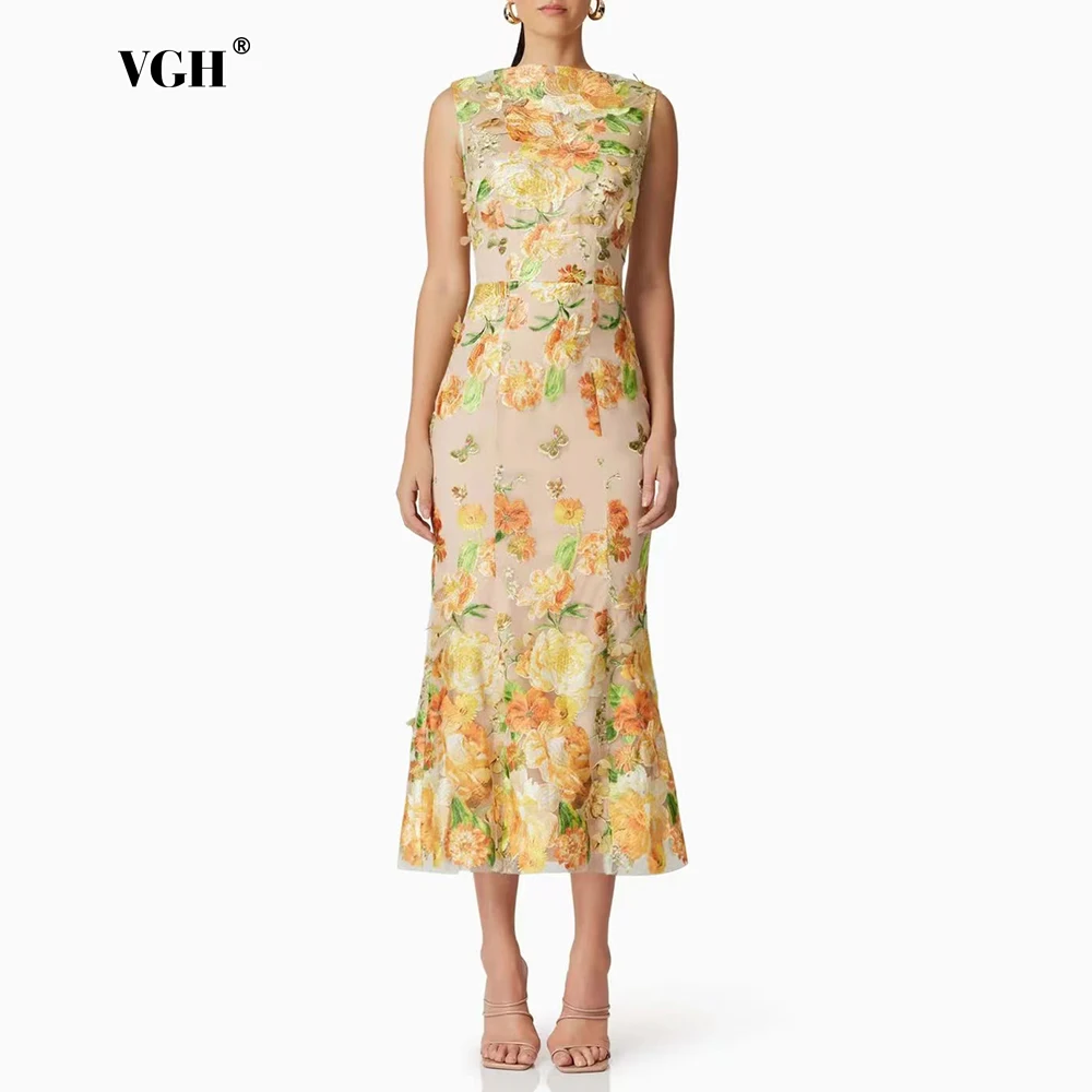

VGH Vintage Spliced Appliques Midi Dress for Women O Neck Sleeveless High Waist Patchwork Embroidery Bodycon Dresses Female New