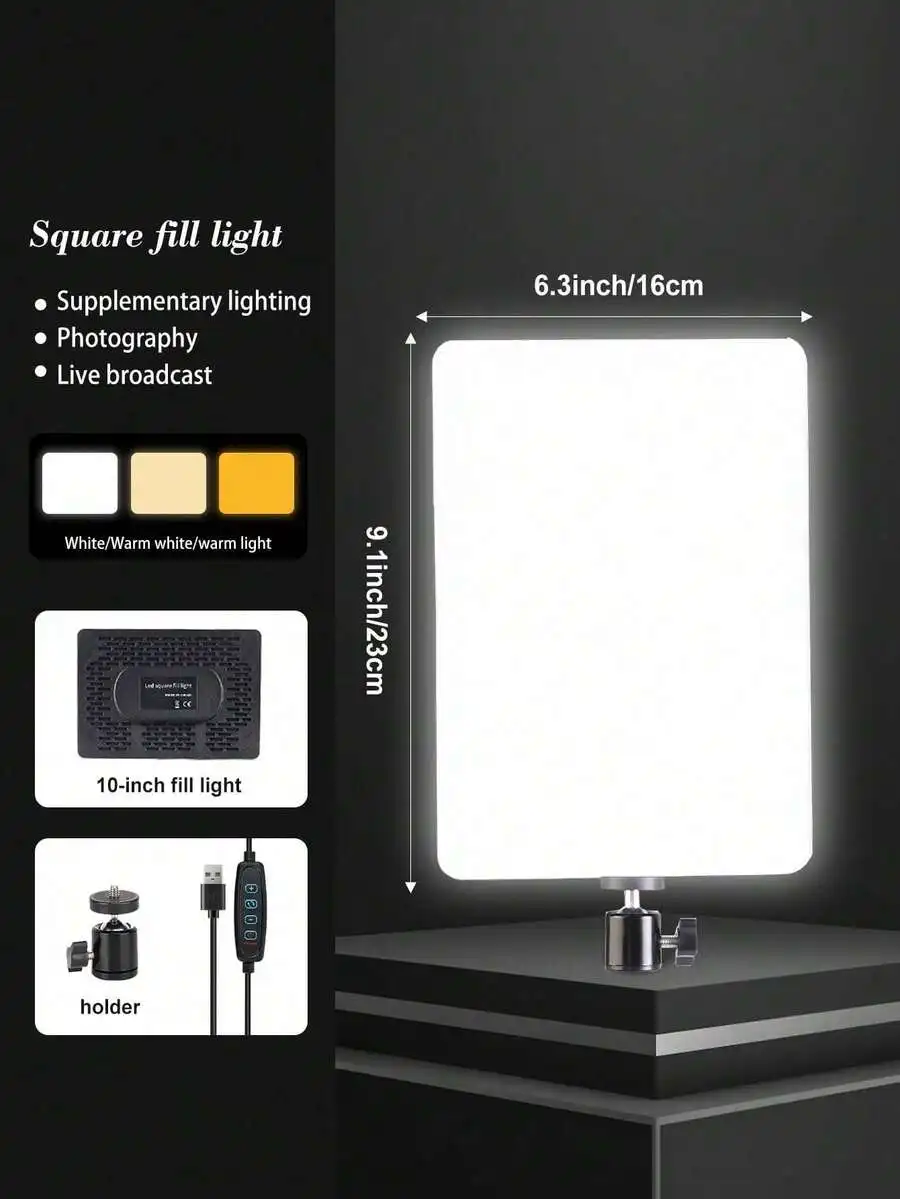 

10 Inch Square LED Fill Light With USB Power And Holder For Photography Live Streaming Vlogging