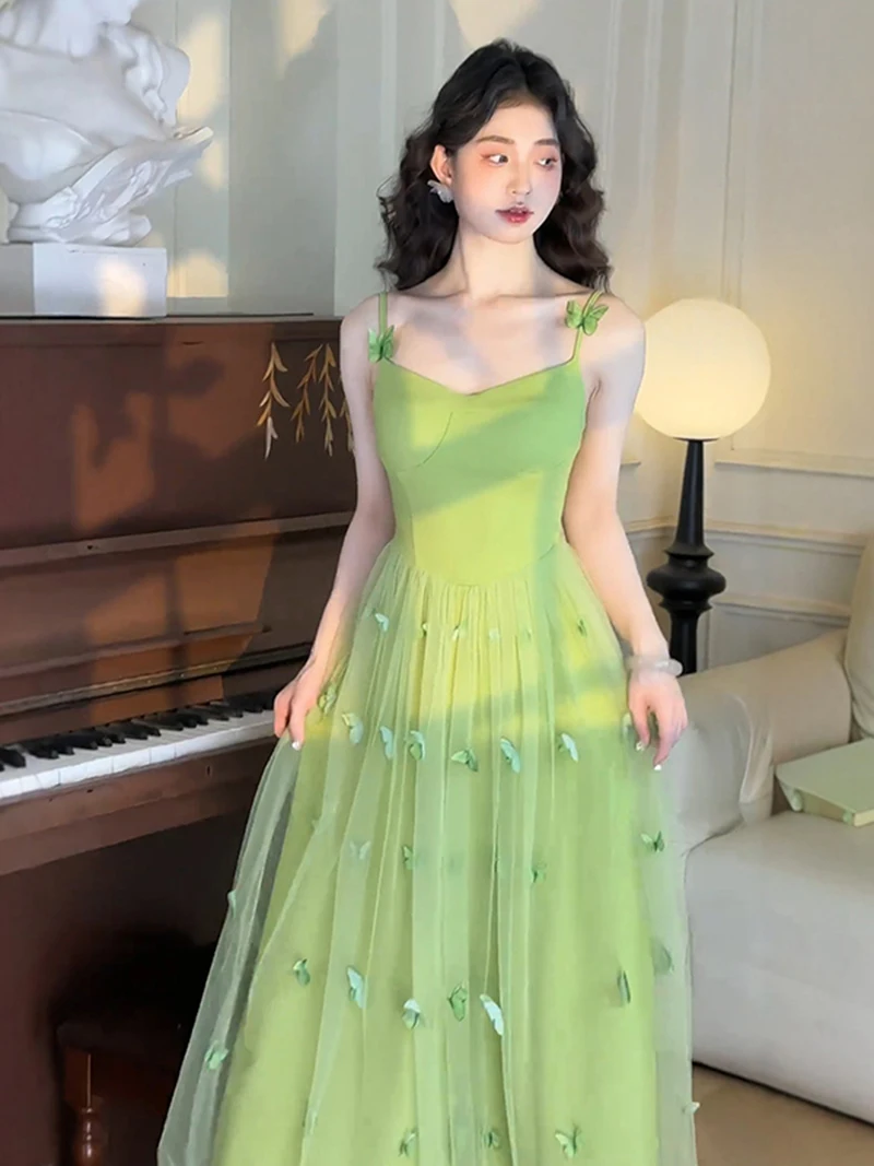 French Retro Green Splicing Lace Sling Dress For Women Summer New Style Temperament High Waist Slimming Fit Fairy Long Dresses