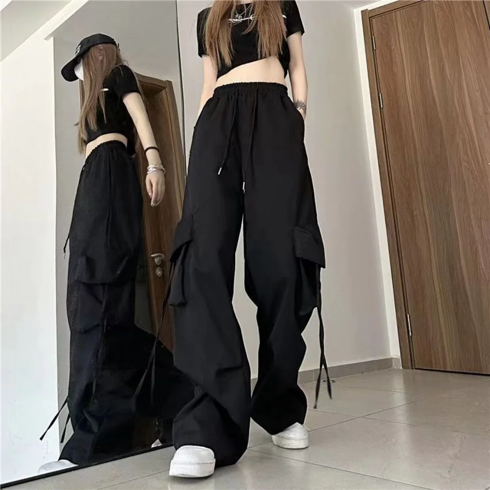 High Street Baggy Pants Fashion Women Drawstring Pocket Oversized Black Hip Hop Cargo Pant Sweatpant Vintage Y2K 2025 Trousers