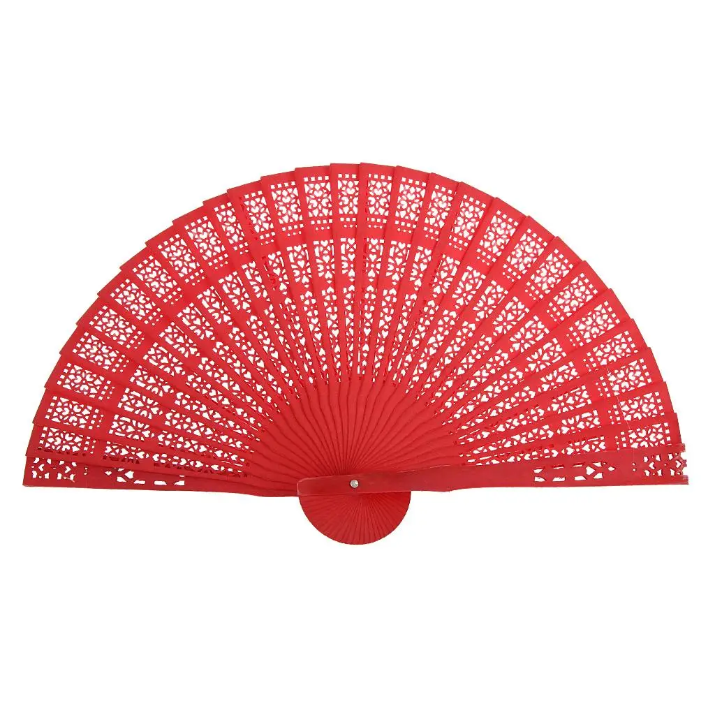 Red Wooden Folding Fan Handheld Carved Hollow Design Decorative Fan for Wedding Garden Party