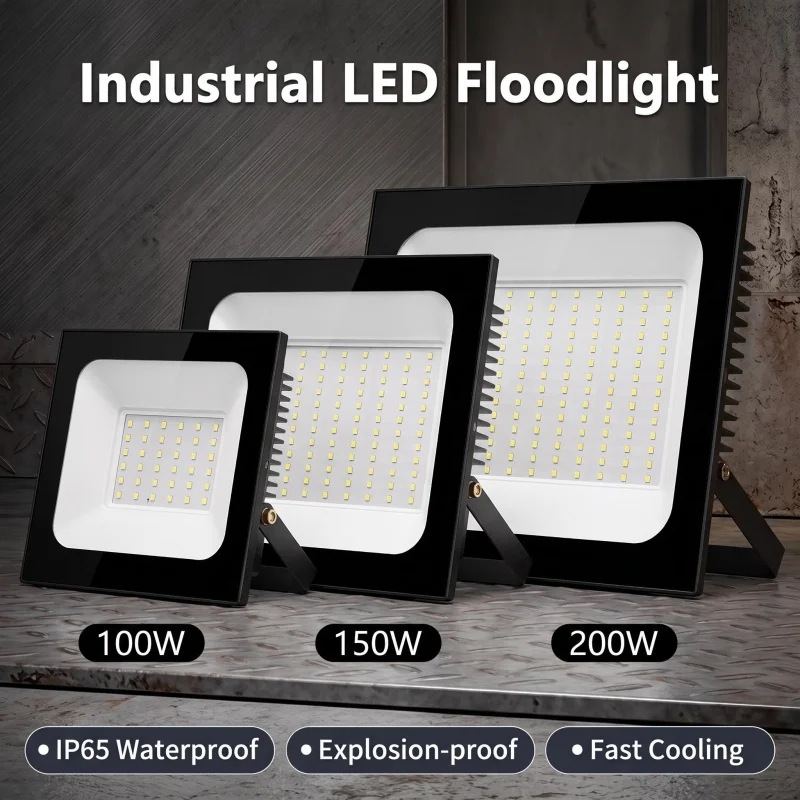Outdoor LED Flood Light 100W/150W/200W Aluminum Housing Explosion Proof Glass IP65 Waterproof Optional for Yard Workshop Square
