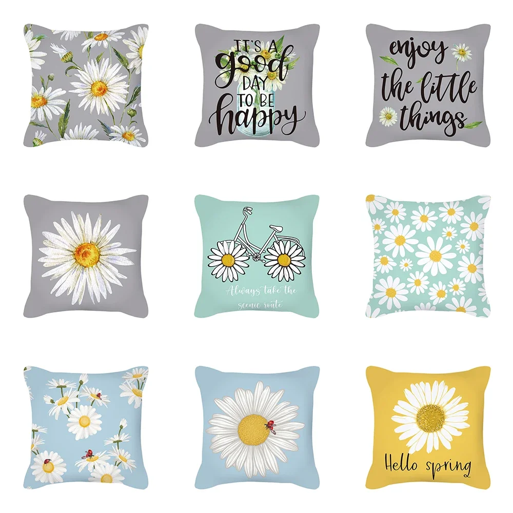 

Spring Sunflower Print Pillow Case Butterfly Daisy Decoration Throw Sofa Cushion Cover Gray Letter 45X45cm