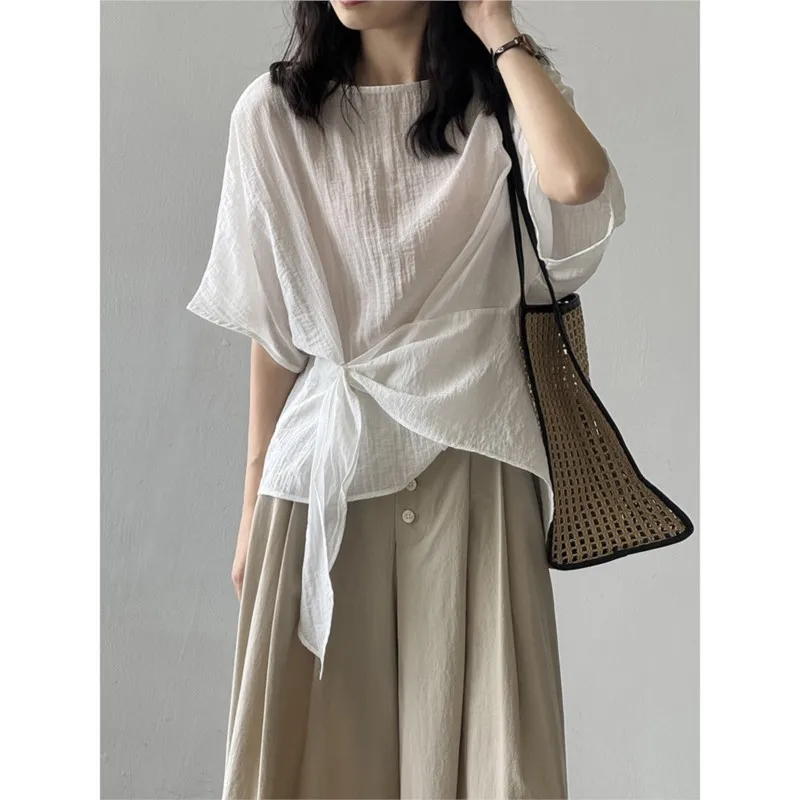 

Johnature Vacation Strappy Women Summer Irregular Casual Top 2025 New Simple Pullover Loose Solid Color Shirts