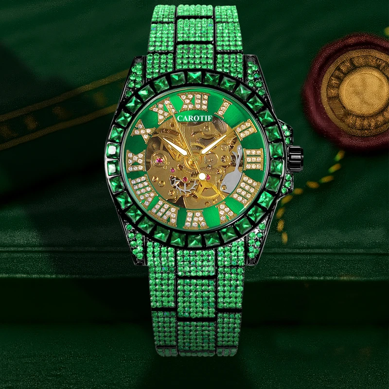 

A men's green steel strap trendy casual green shell green face Roman stud automatic mechanical watch
