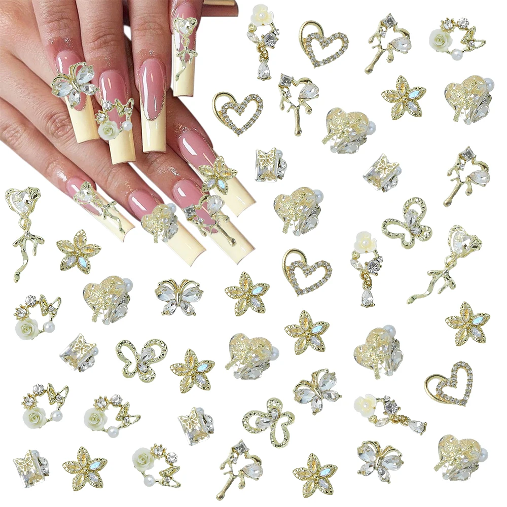 20Pcs 골드 실버 나비 하트 크리스탈 라인 석 3D 합금 꽃 다이아몬드 네일 참 DIY 럭셔리 보석 매니큐어 장식
