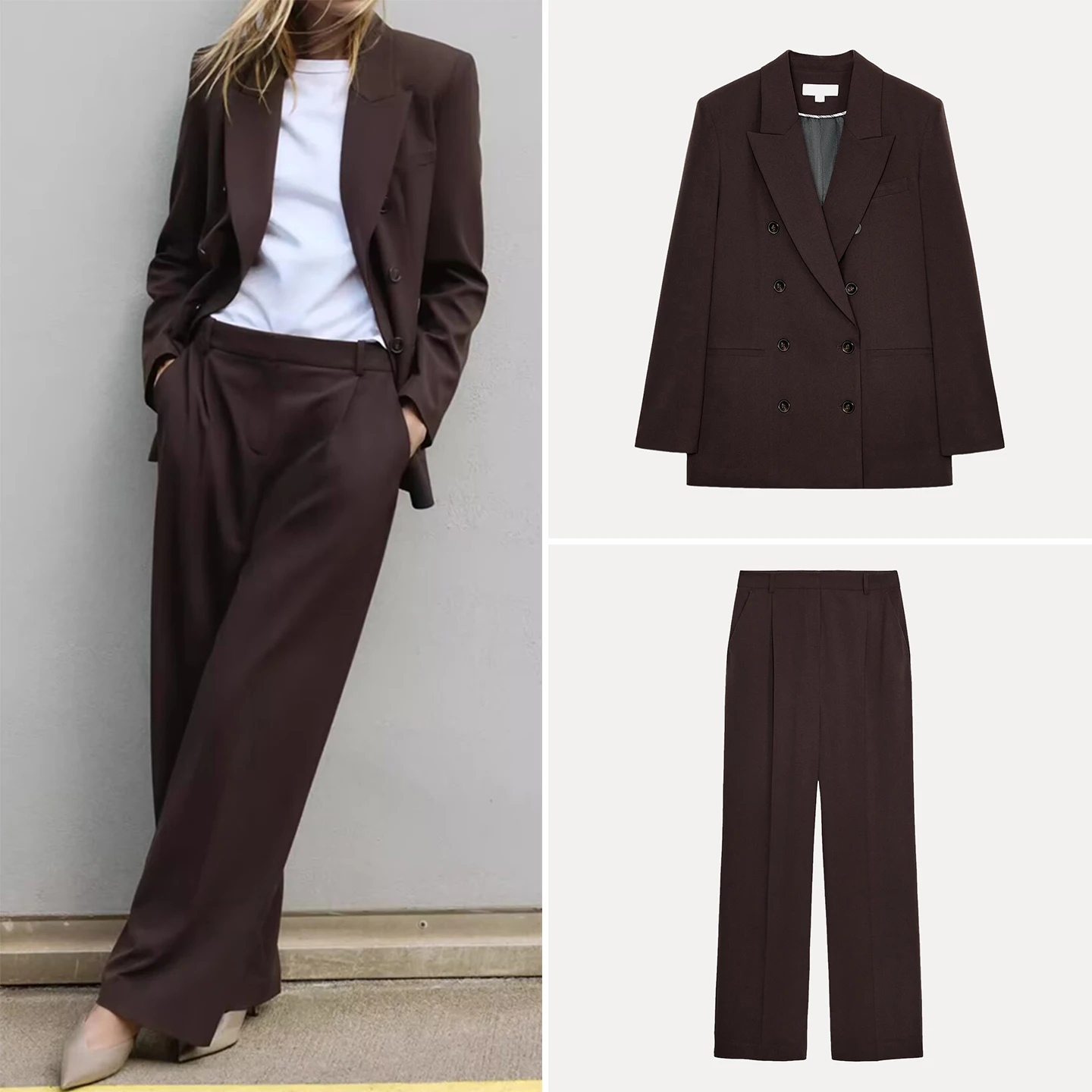 

2025 Autumn New Women's Fashion Suit Set with Shoulder Pads Double Row Buttons Outerwear And Pants for Adult Ladies