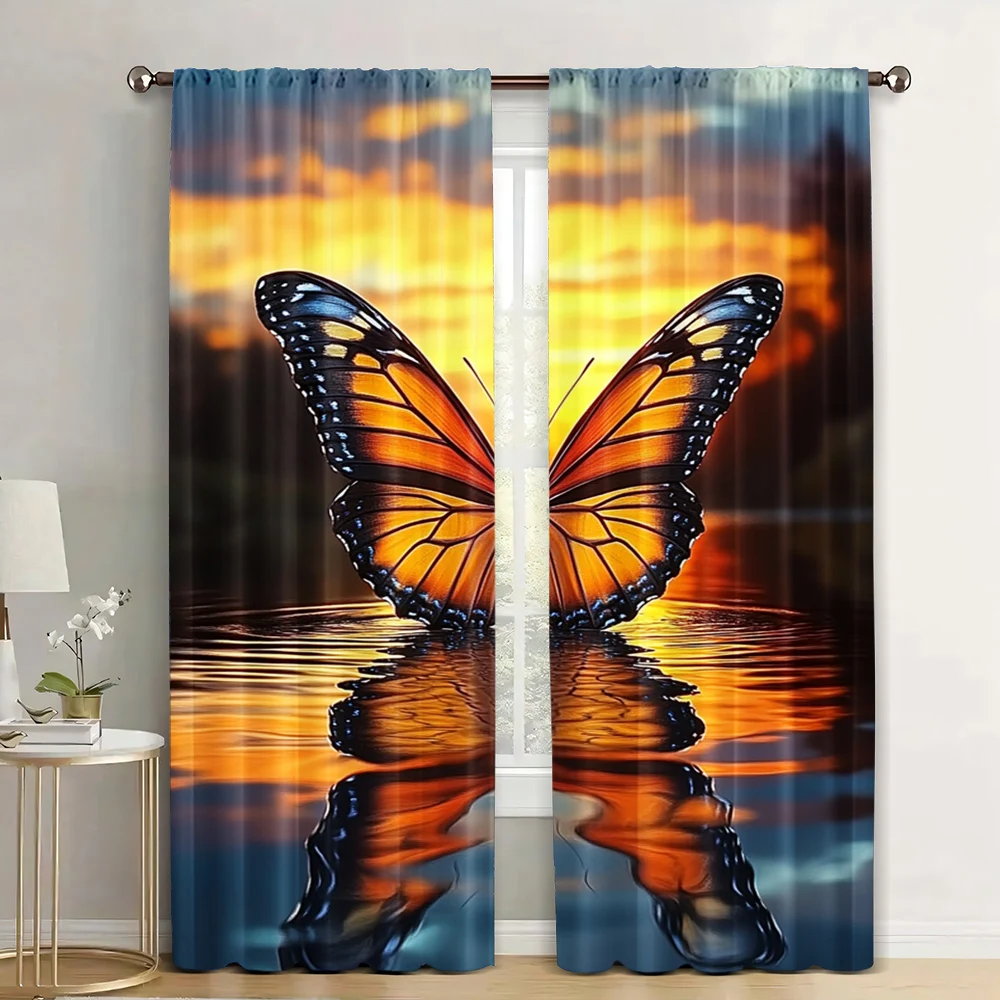 2pc,   Window Drapes Monarch Butterfly Sunset Lake Reflection Light Filter Family Party Decoration Use for Holiday Party,