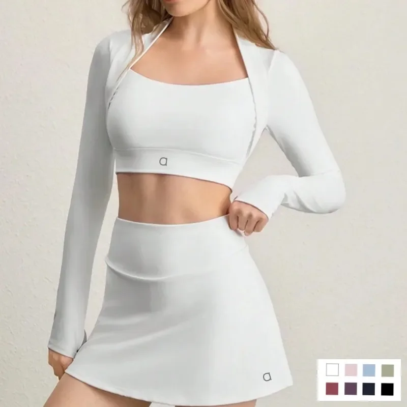 

A1280 Women's Anti-Glare Sports Short Skirt Set Long-Sleeve Yoga Wear with Chest Pad Womens Fitness Outfit Tennis Sport Top