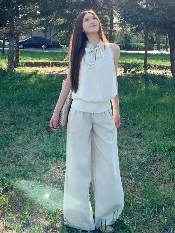 

Fashionable Shoulder-baring Neckline Wide-leg Casual Pants Set for Women Elegant Summer 2025 Slimming Effect Trendy Ensemble