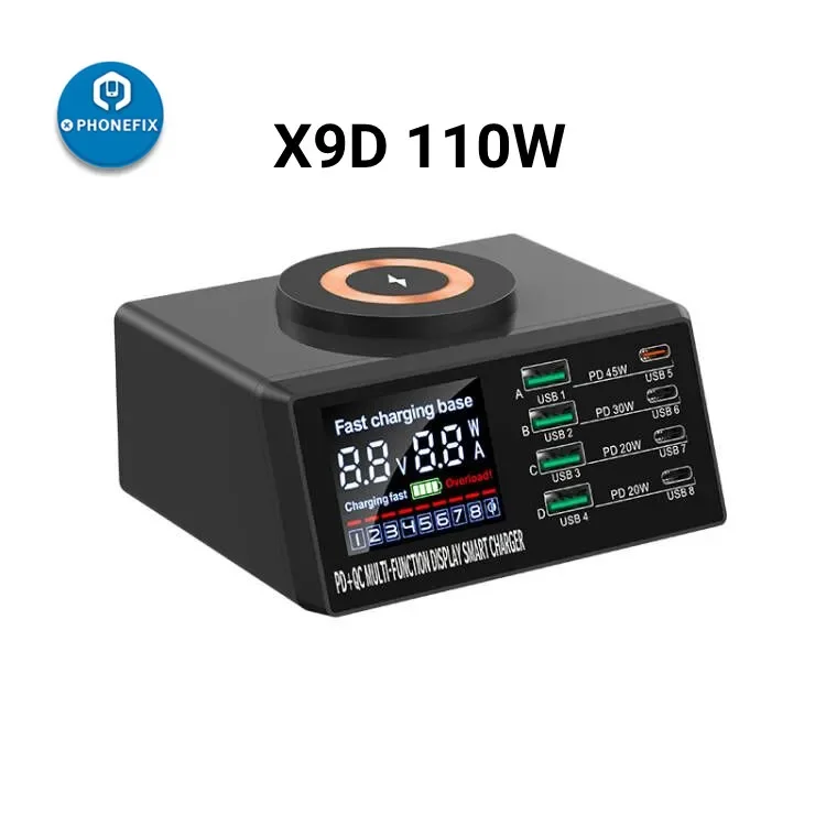 100W 8 Ports USB Charger Wireless Charging Digital Display Screen QC3.0 PD3.0 Quick Charge USB X9d X9D MECHANIC Charge Station