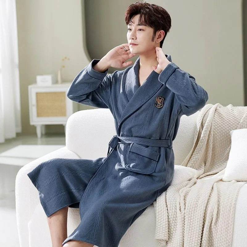 2024 New Men Robes Autumn Winter Air Cotton Sandwich Bathrobe Male Large Size Casual Solid Color Homewear V-neck Luxury Pajamas