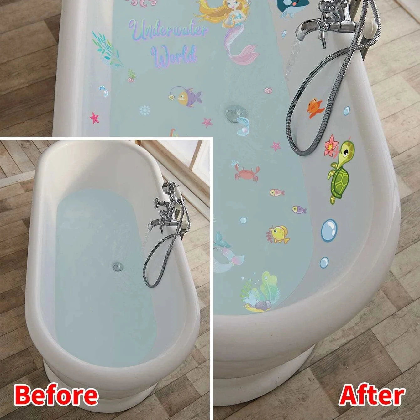 6 sheets Mermaid Sea Underwater World Cartoon Figure & Animal Print Non-Slip Bathtub Stickers - Anti-Slip PVC Bathtub Appliques