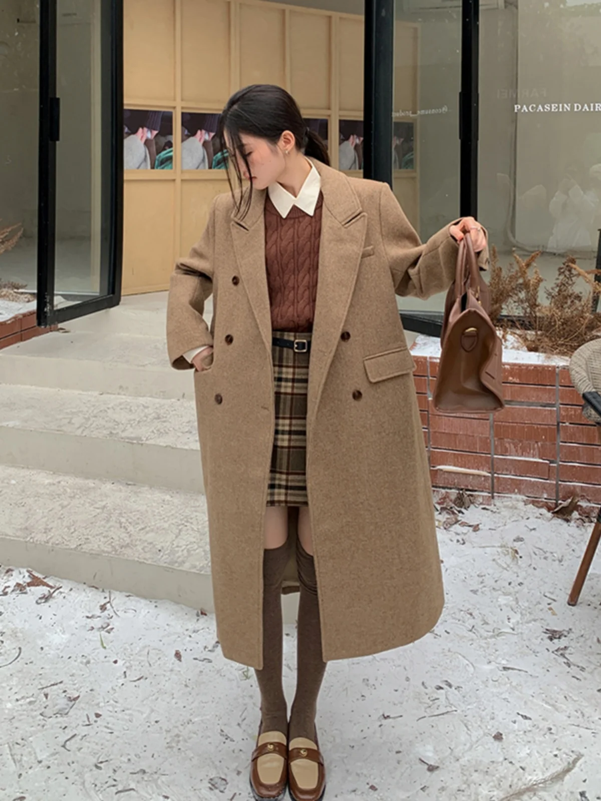 

Masalady Studio двубортное шерстяное пальто длиной миди, женское шерстяное пальто с воротником костюма, корейское длинное свеково чистого цвета