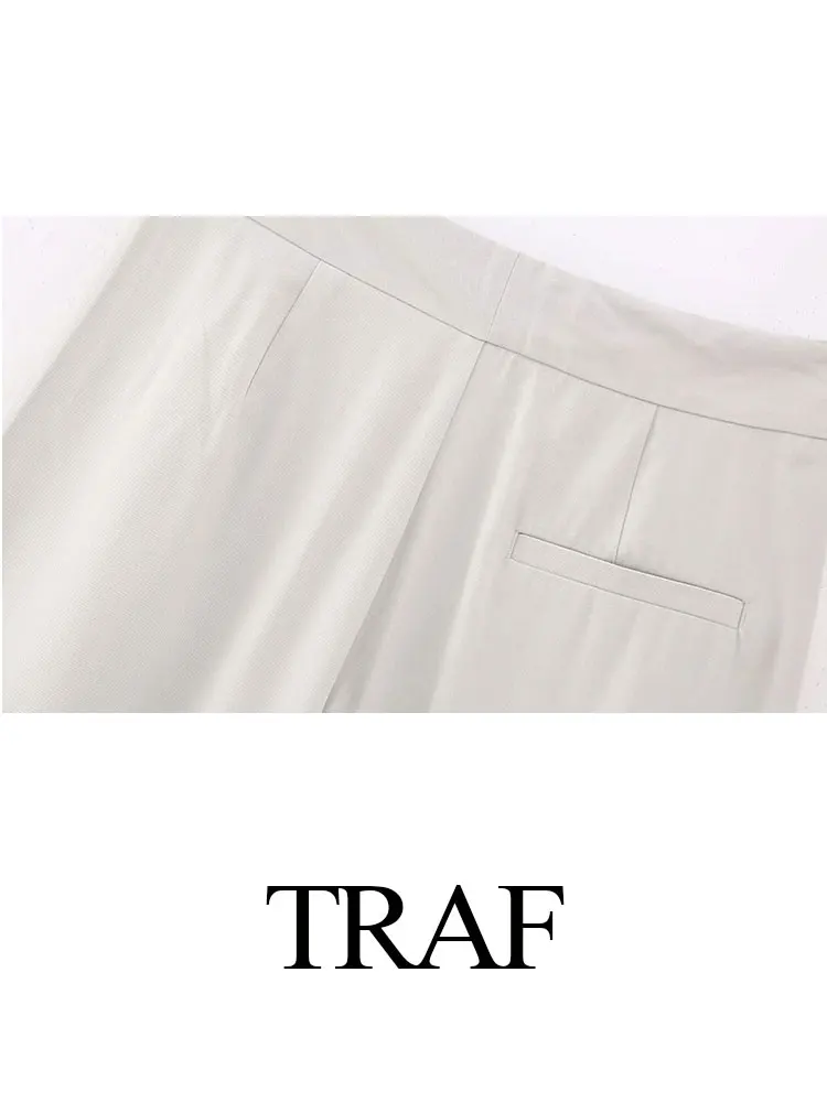 TRAF 2023 Trend Women Fashion Pants Suits Back Slit Lapel Tops + With Button Decoration High Waist Office Lady Casual Long Pants