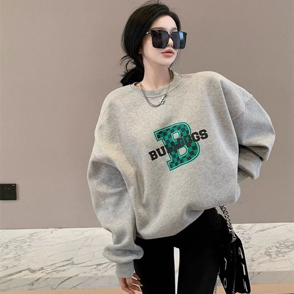 

Gray Letter Print Women Sweatshirt 2023 New Warm Full Sleeve O-neck Ladies Streetwear Winter Pullovers Loose Female Clothes Tops