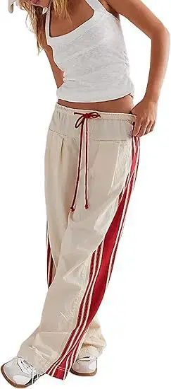 Woman Clothes Loose Fashionable Autumn Winter Pants Commuting Style Knitted Long Lace-up Striped Contrasting Mid-waist Clothing