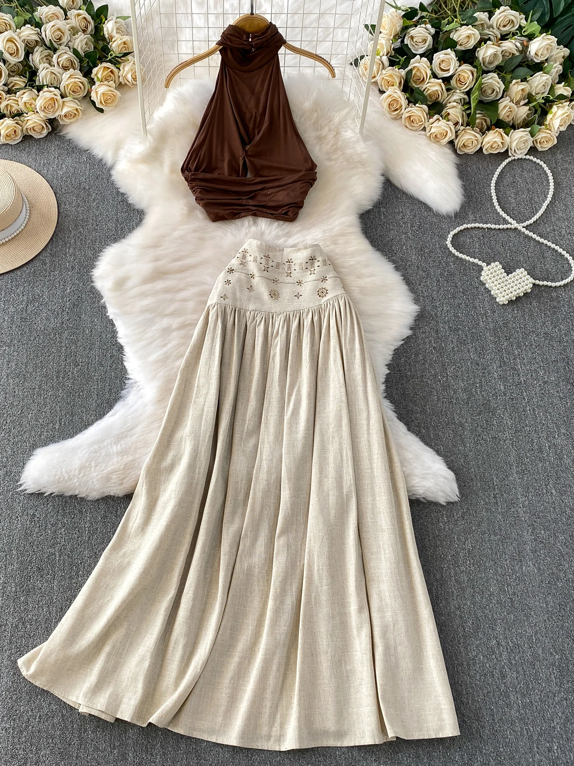 섹시한 크롭탑과 하이웨이스트 스커트 투피스 세트 (십대용) 통기성 좋은 크로스 플리츠 디자인 여름 패션