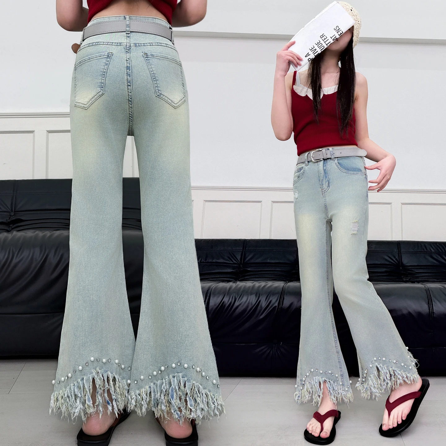 Spring Autumn Teen Girls Bell-bottoms Kids 5- 14Y With beads Design Pants Children High Waist Stretch Jeans Horseshoe Trousers