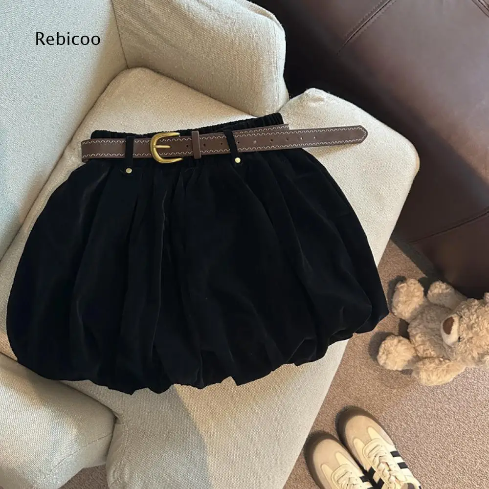 Velvet Puff Mini Skirt For Women Elastic Waist Pleated Bubble Short Bottoms With Decor Belt For Simple Daily And Night Out Looks