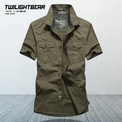 Men Tooling Shirts Multi Pockets Cargo Shirts Summer Plus Size Short Sleeve Shirt Men Clothing High Quality Cotton Casual Shirt