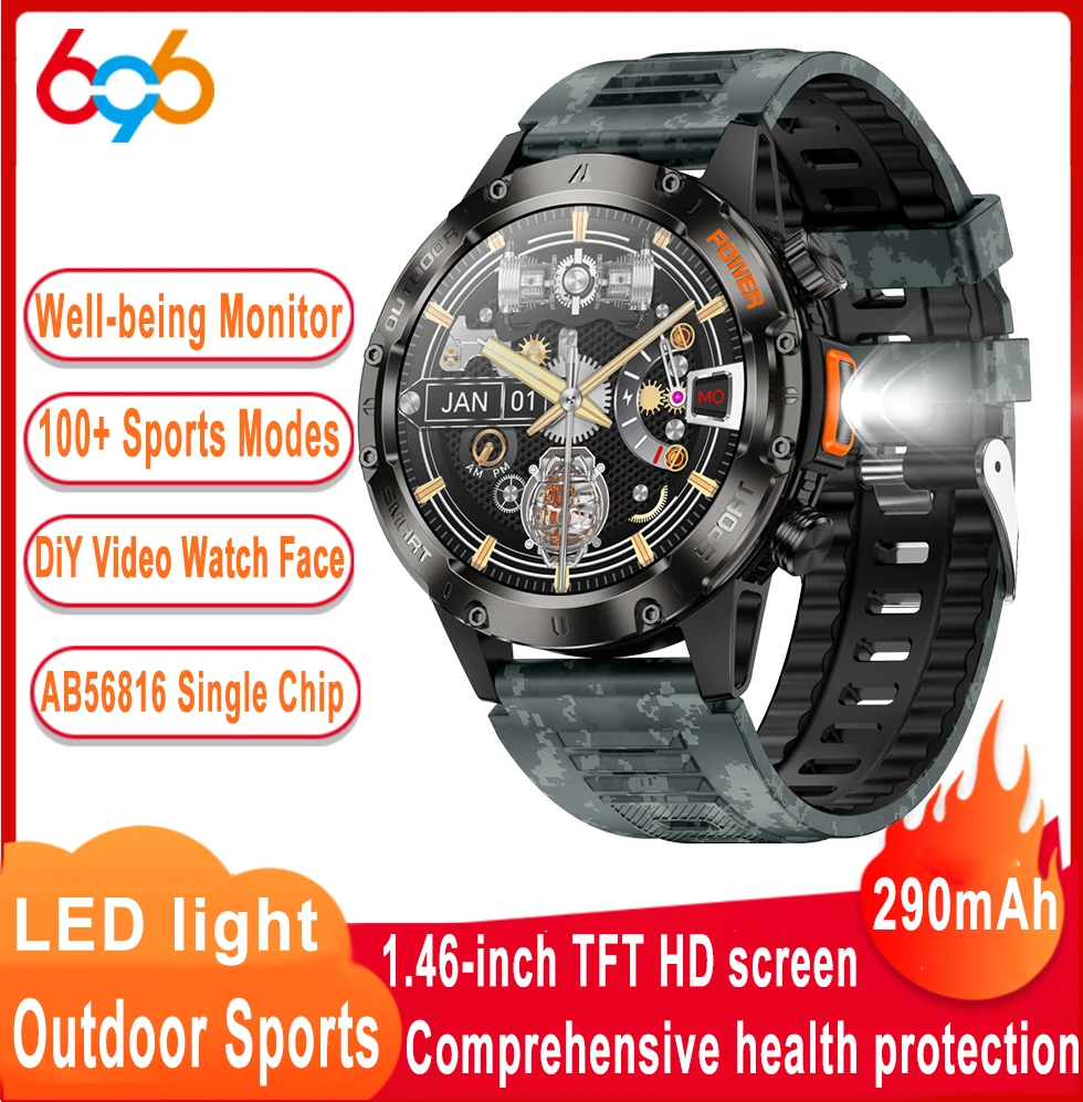 

Blue Tooth Call Smartwatch Health Monitor Outdoors LED Flashlight Smart Watches Men DIY Video Dial 100+ Sports Modes Waterproof