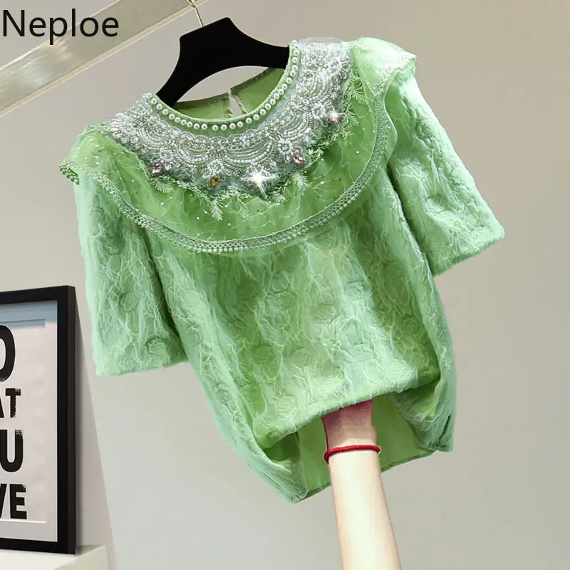 Neploe Embossed Sequin Puff Short Sleeve O-Neck T-Shirt 2024 Summer Korean Studded Beaded Lace Straight Top Femme Chic Sweet Tee