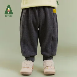 Amila Baby Kinder Freizeit hose 2024 Winter neue mehrfarbige Vlies Sport Cartoon Muster gemütliche Baby kleidung