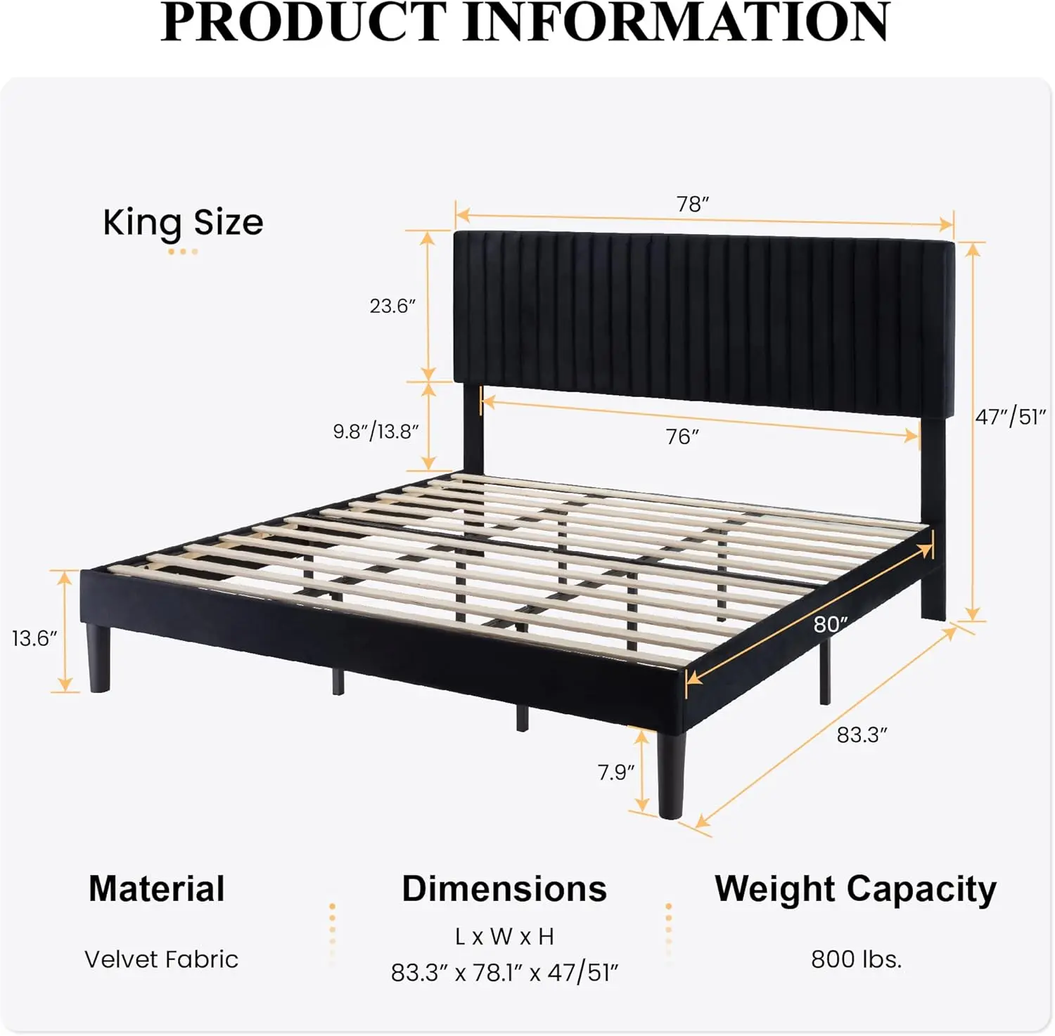 SHA CERLIN King Upholstered Platform Bed Frame with Adjustable Headboard/Vertical Channel Tufted Velvet Fabric/Wooden Slats Supp