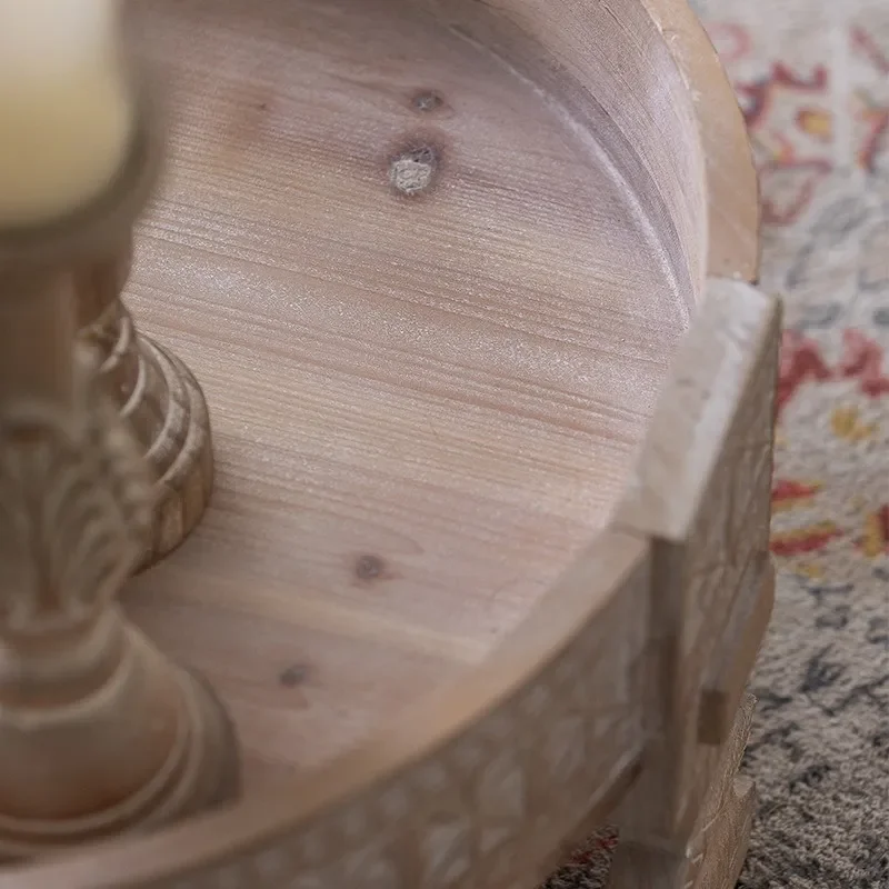 Solid Wood Round Coffee Table Japanese Style Carved Flower Edge Log Tea Desk Creative Home Decor Living Room Furniture