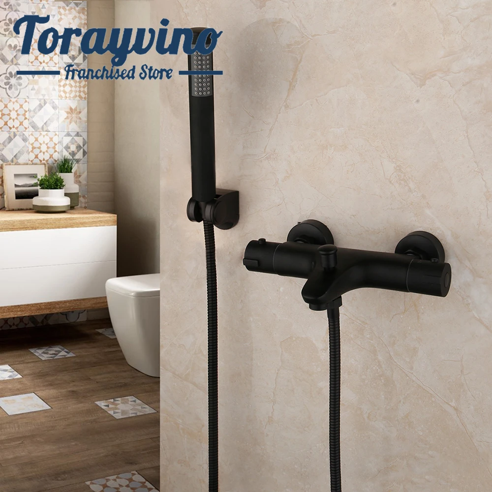 

Torarvino Bathroom Matte Black Thermostatic Faucet Shower Handle Bath Shower Combo Set Wall Mounted Bathroom Bathtub Mixer Tap