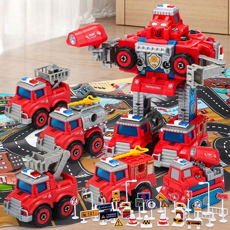 

5 IN 1 Transforming Robot Fire Fighting Series Action Figure Comes with Game Map Roadblock Props Boy Collect Toys Birthday Gifts