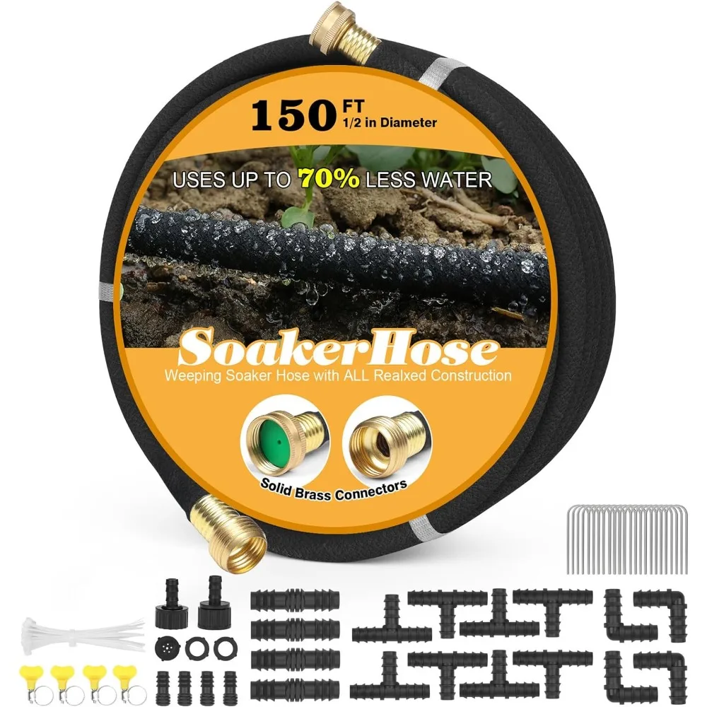 

Soaker Hose for Garden Beds Solid Brass Interface Irrigation Save 70% Water Heavy Duty Rubber 1/2" Diameter Great for gardens