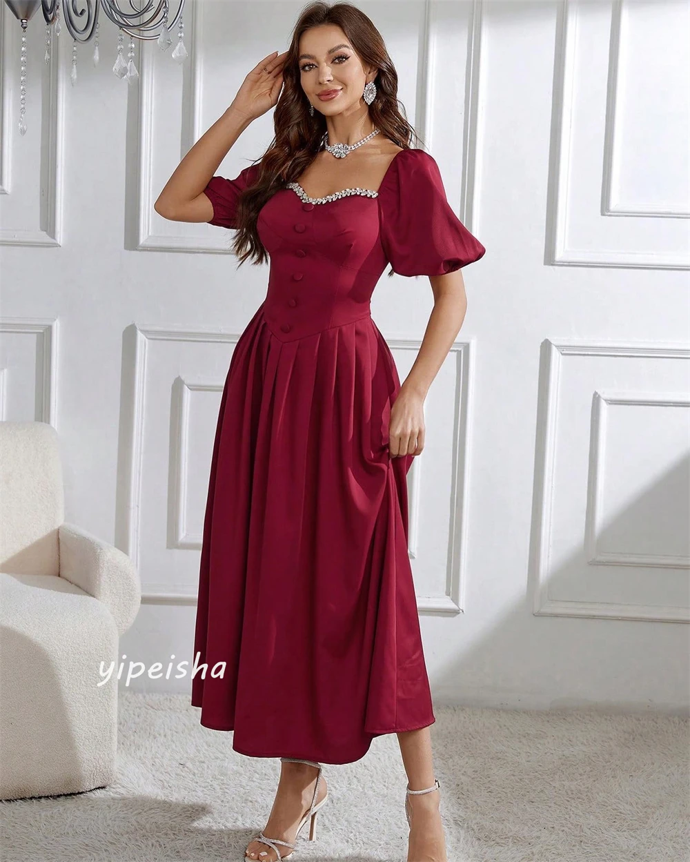 Jersey Beading Button Draped Clubbing A-line Square Collar Bespoke Occasion Gown Midi Dresses