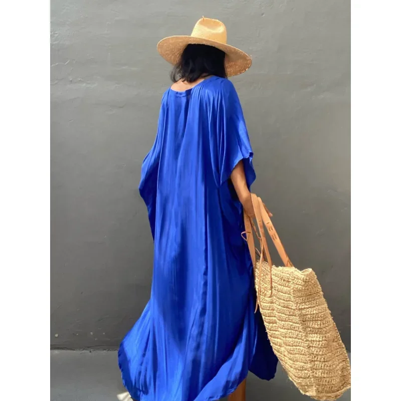 Beach Cover Ups for Swimwear Women Kaftans Tunic Solid Summer Maxi Dresses Batwing Sleeve Beachwear Outfits Dropshipping