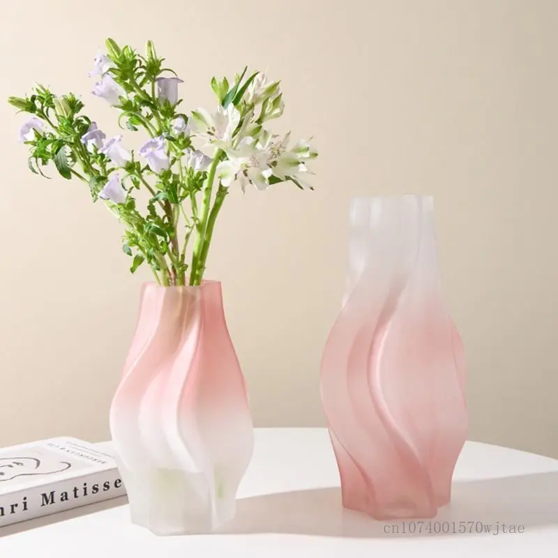 Creative Glass Geometric Modeling Vase Living Room Study Tea Room Zen Decor Abstract Art Pink White Color Changing, Frosted Vase