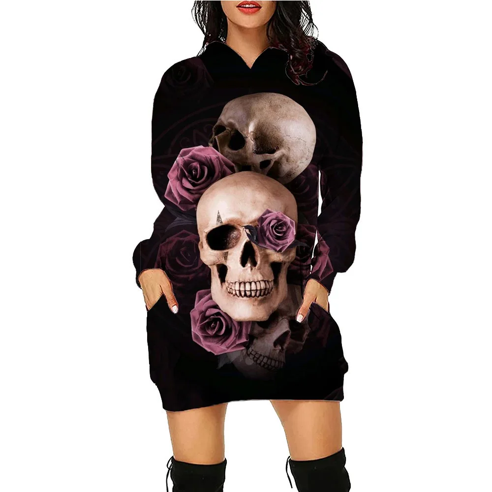 Skull Ghost Halloween Printed Hoodie Dress Bat Women\'s Daily Workout Hoodies Long Sleeve Pullover Autumn Loose Tee Traf Vestidos