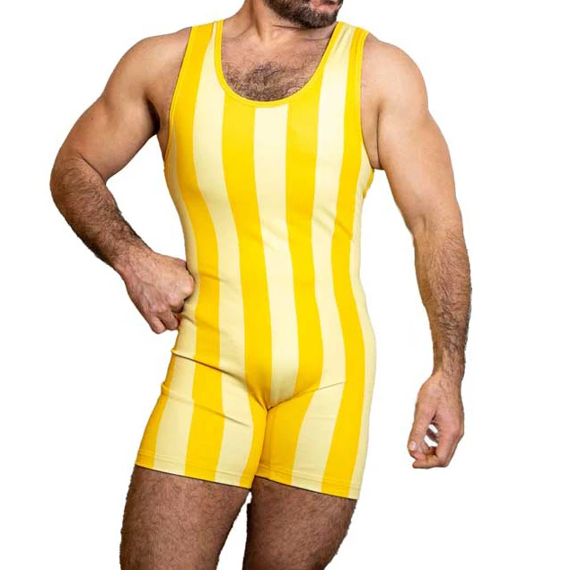 Yellow Vertical Stripes Wrestling Singlets Suit Boxing One Piece Bodysuit Iron Gym Sport Fitness PowerLifting Skinsuit Wear