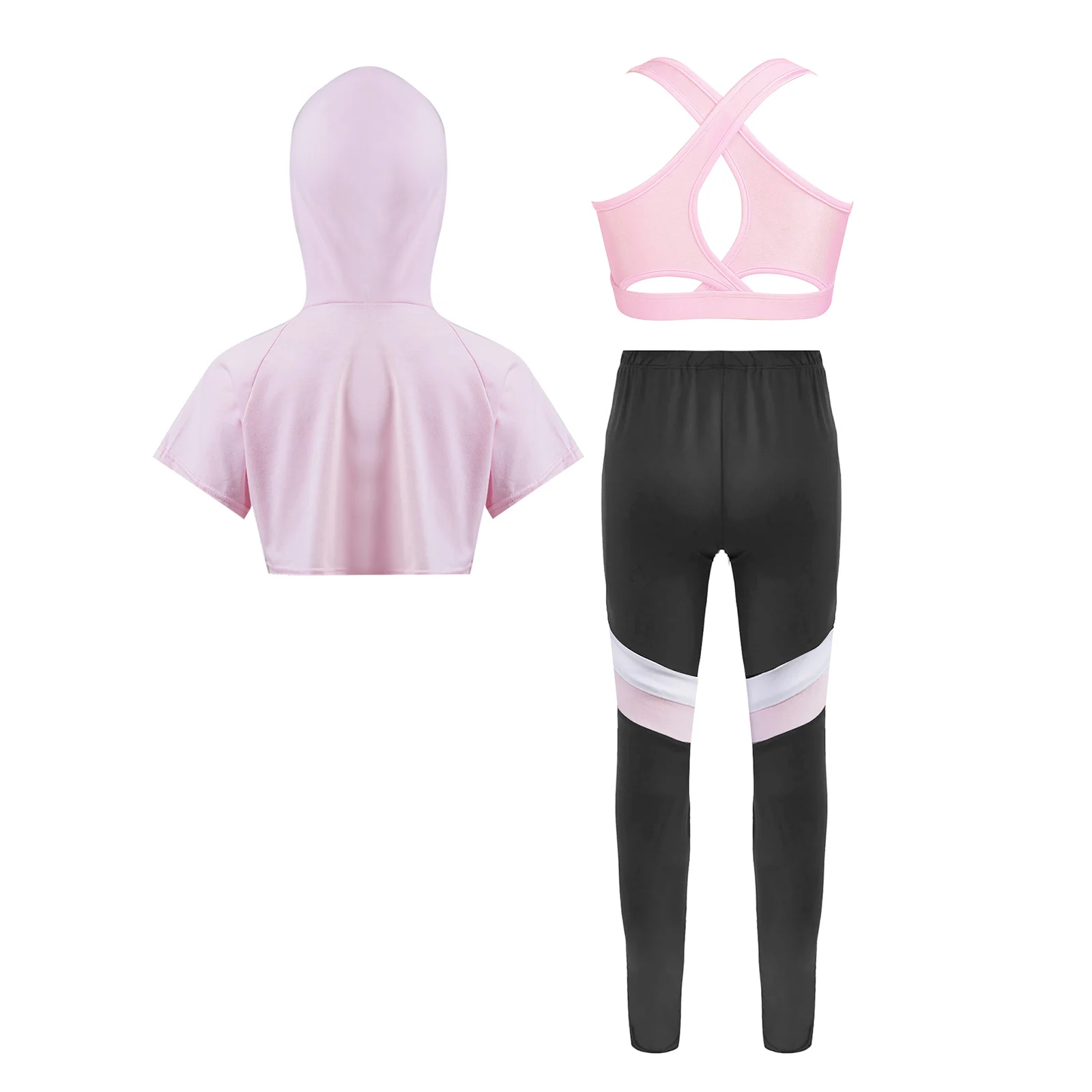 3 Pcs Yoga Cycling Sports Sets Fitness Dance Workout Outfit for Kids Girls Sleeveless Vest Short Sleeve Hooded Crop Top Leggings