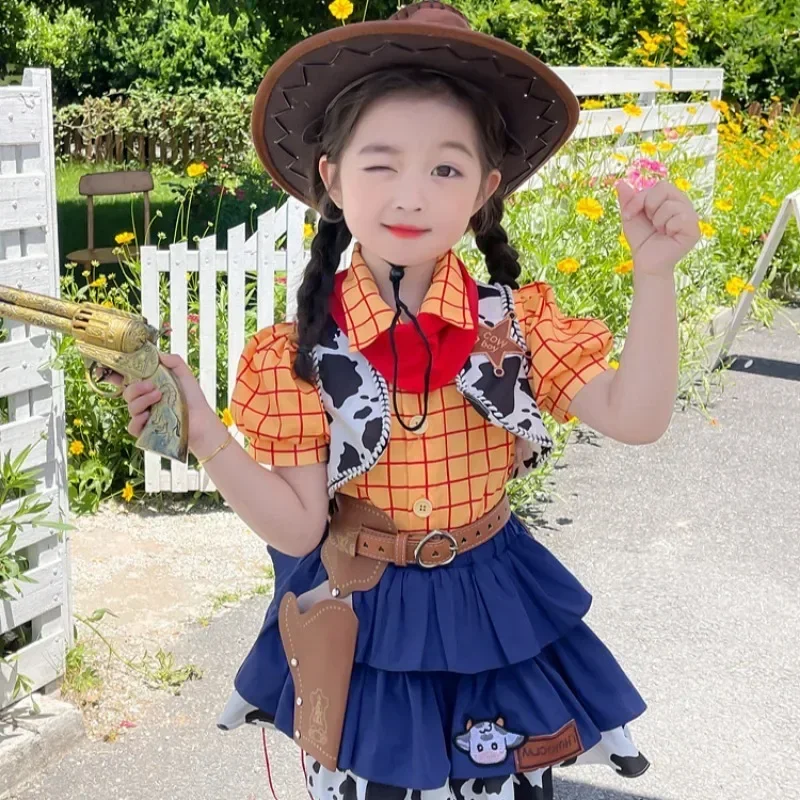 Disney natal woody jessie cowboy traje criança menina vestido de manga curta dos desenhos animados saia bonito anime festa presente aniversário