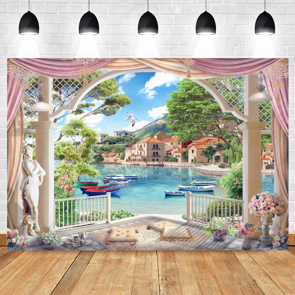 Фон для фотосъемки с изображением летнего побережья праздников зеленых ладоней балкона природного ландшафта фон для фотостудии