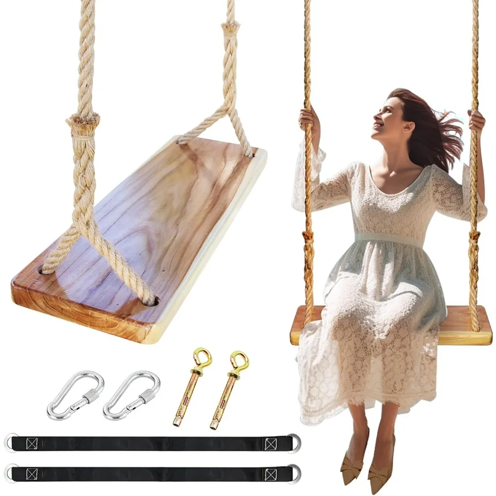 

Wooden Swing, Adjustable Hemp Rope and Extension Tree Strap 100 Inch, Outdoor Wooden Swing