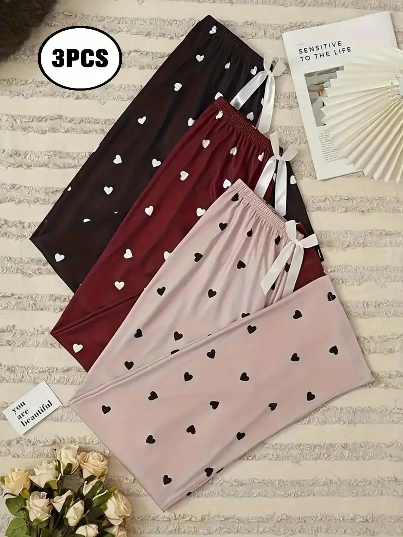 3 PCS Sets Women's Pajamas Sleep Bottoms Allover Heart Print&Love Print Comfortable Charming Bow-Waist Comfy Pants